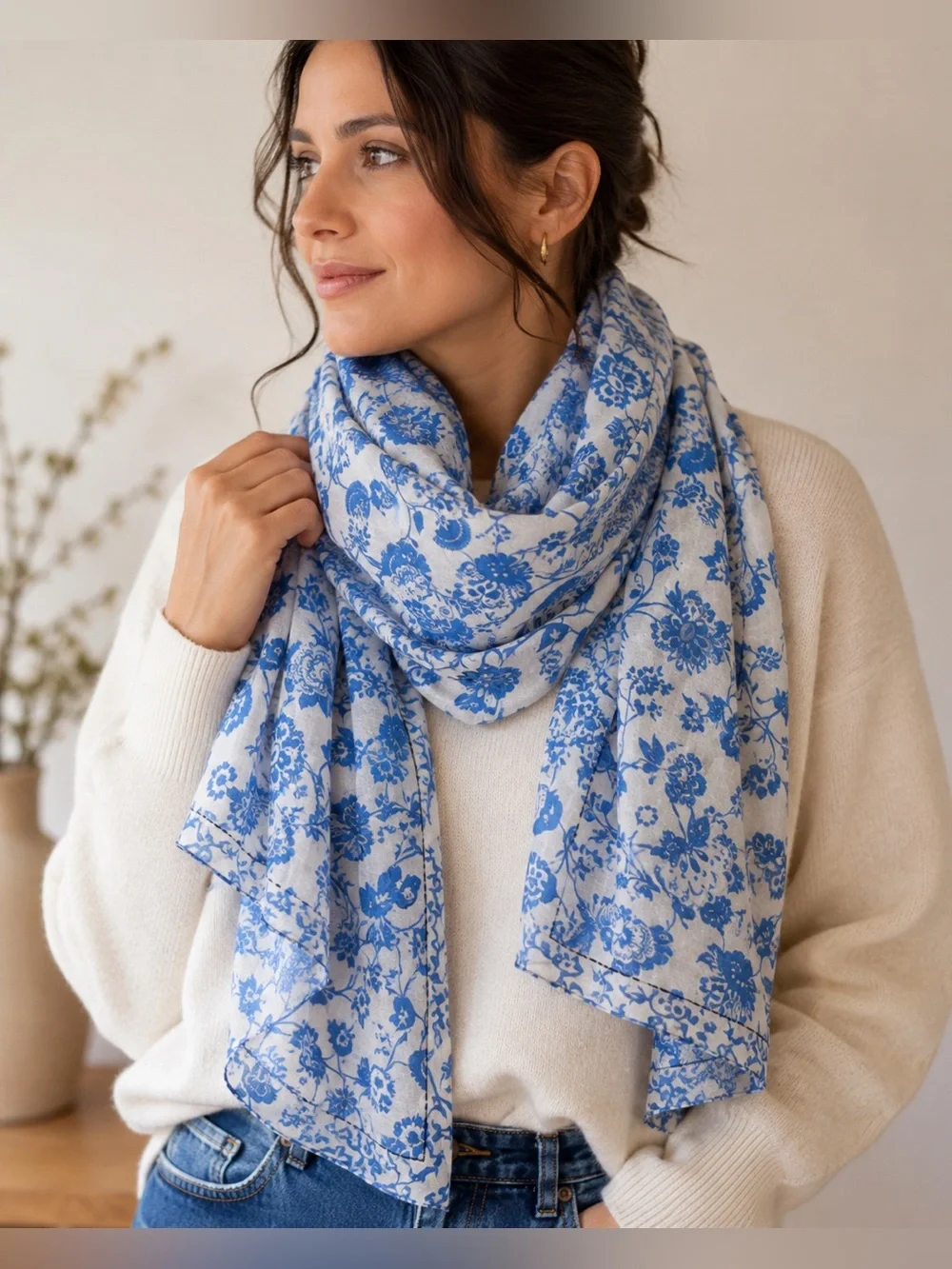 JOIE long 100% cotton Blue & White Floral Embroidered Scarf 40” X 72” , NWT